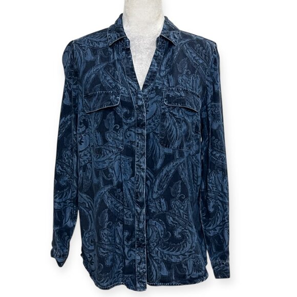 Chico’s 1 Denim Blue Lyocell Button-Up Shirt M Floral Paisley Print Long Sleeve - Picture 1 of 9